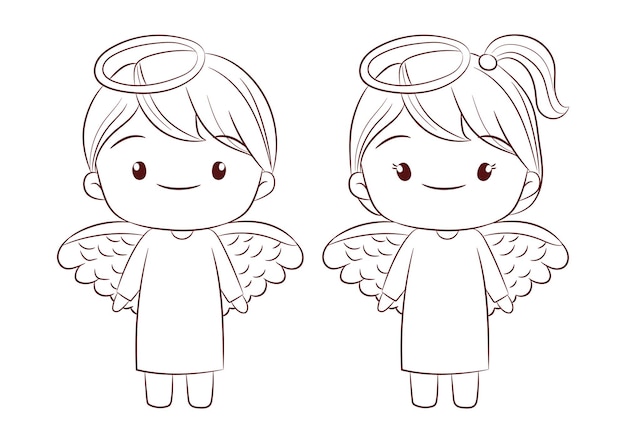 Cute angel boy and girl standing together doodle style on white background vector