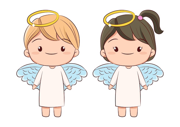 Cute angel boy and girl standing together hand drawn sketch style on white background vector