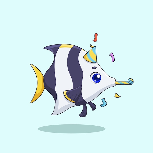 Vector cute angel fish blowing a mini trumpet illustration