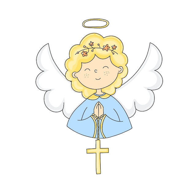 Premium Vector | A cute angel girl holds a cross invitation card for ...