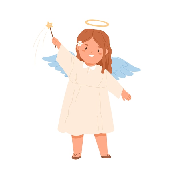 Cute angel holding magic wand with Christmas star. Happy smiling Christian girl with fairy stick, wings and halo. Colored flat vector illustration of child spirit isolated on white background.