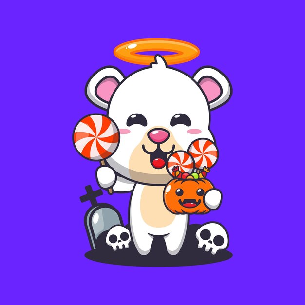 cute angel polar bear holding candy in halloween day