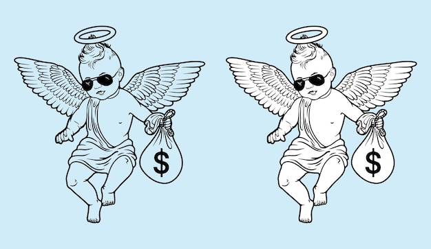 달러 가방을 든 귀여운 천사. 날개 벡터와 돈 가방 천사입니다. 만화 캐릭터. 벡터 그리기