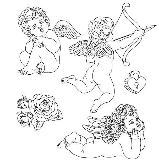 Cute angel with arrows and bow rose hand drawn