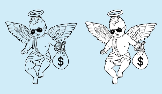 Cute angel with a bag of dollars. 
money bag angel with wings vector. cartoon character. Vector draw