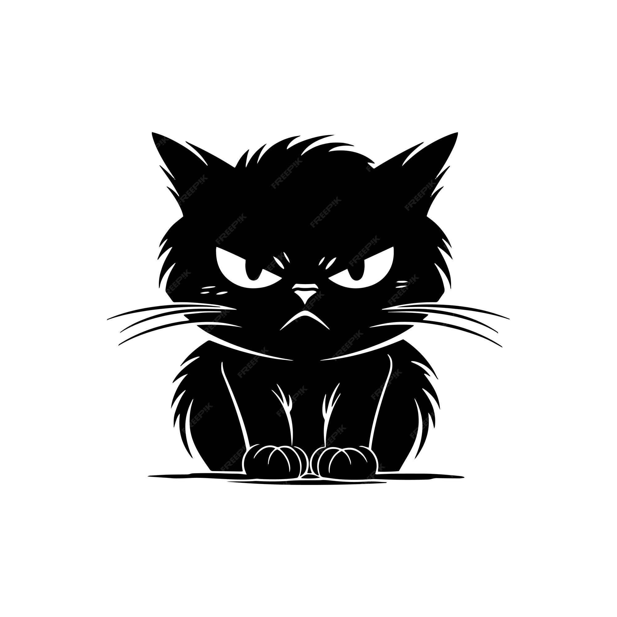 Angry black cat face clipart isolated on white. Cartoon style