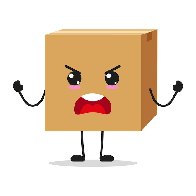 Cute angry carton box character Funny furious package cartoon emoticon in flat style