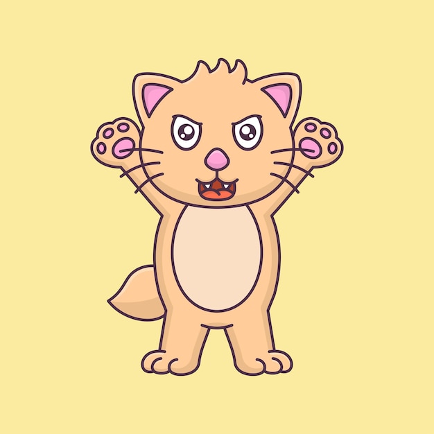 Vector cute angry cat raises hand cartoon vector illustration animal icon