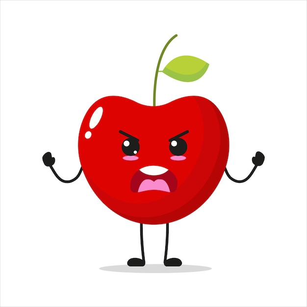 Simpatico personaggio di ciliegia arrabbiata divertente emoticon vettore cartoon di ciliegia furiosa in stile piatto