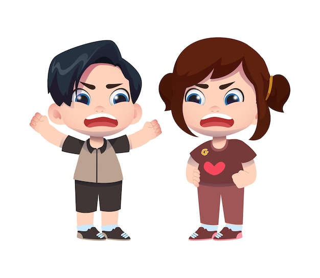 Vector cute angry children character fight