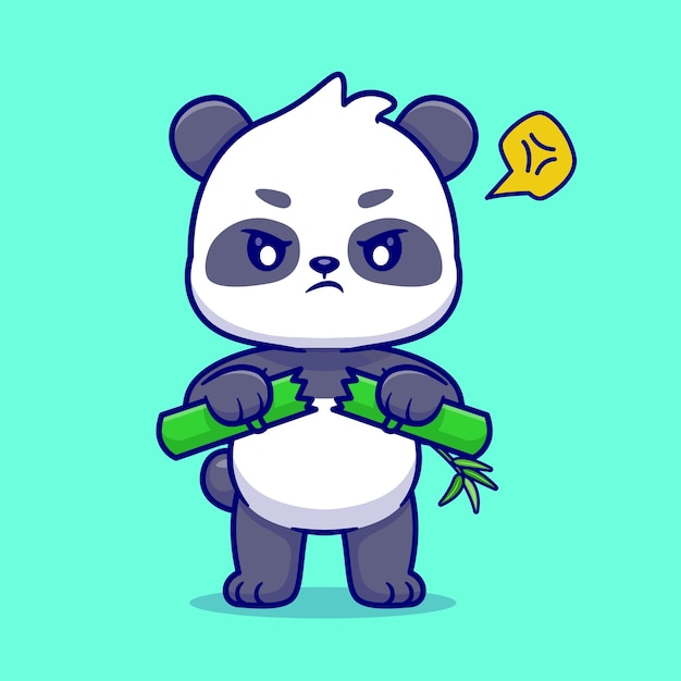 Cute Angry Panda Breaking Bamboo Cartoon Vector Icon Illustration. Animal Nature Icon Isolated Flat