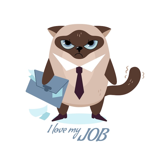 Vector cute but angry siamese cat office worker