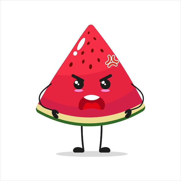 Cute angry slice watermelon character Funny mad slice watermelon cartoon emoticon in flat style