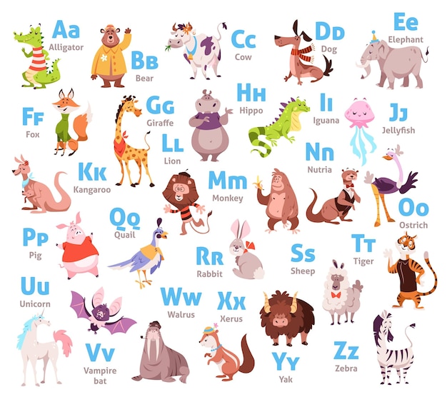 Cute animal alphabet Color kids zoological font letters and corresponding animals Wildlife mammals and birds woodland abc Childish educational poster or cards vector cartoon set