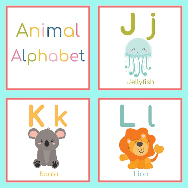 Cute animal alphabet. j, k, l letter. jellyfish, koala, lion.