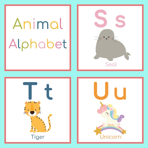 かわいい動物アルファベット。 S、T、Uの文字。シール、トラ、ユニコーン。