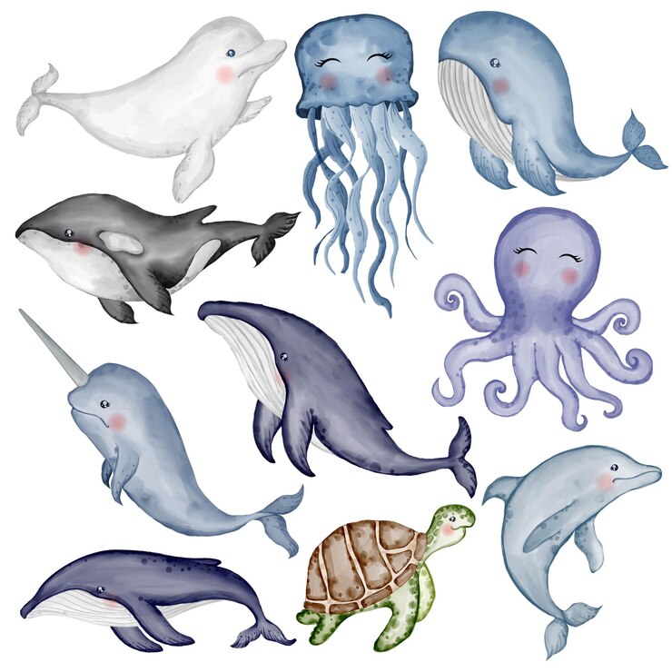 Vector cute animal aquatic watercolor illustration