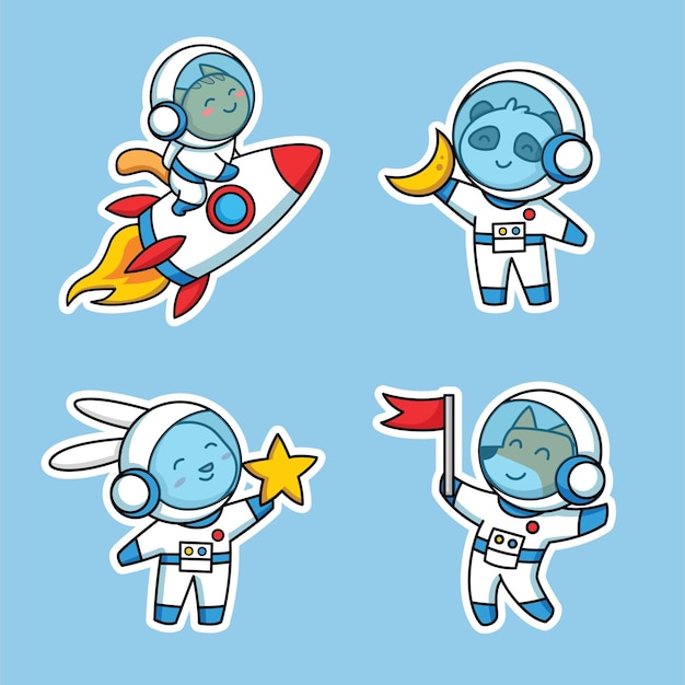 cute animal astronauts cartoon hand drawn illustration set cute cat panda rabbit dog in space