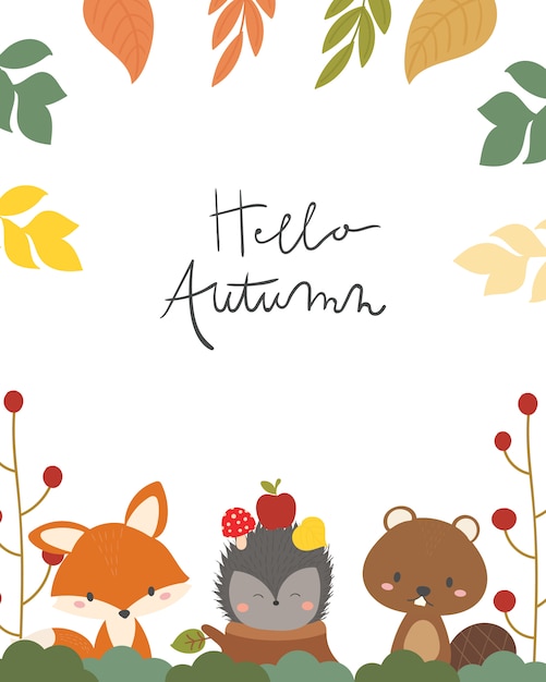 Vector cute animal autumn card vector illustration.