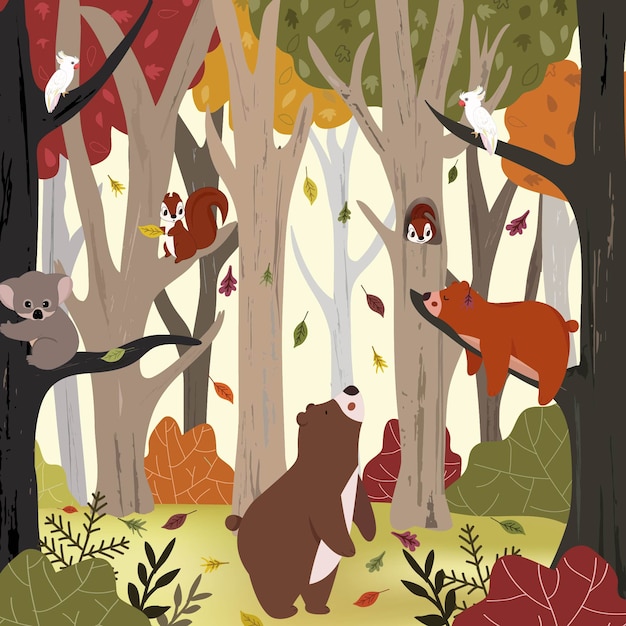 Vettore simpatico animale nella foresta di autunno.