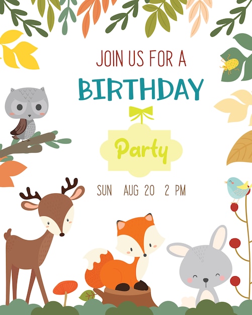 Cute animal autumn theme birthday party invitation card.