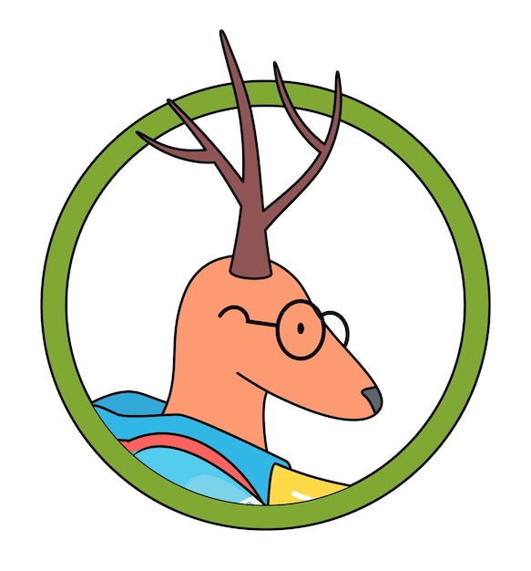 Cute animal avatar deer in circle isolated at white background Portrait of deer wearing glasses Cartoon character isolated in circle Deer head Using for sticker or logo at website as icon