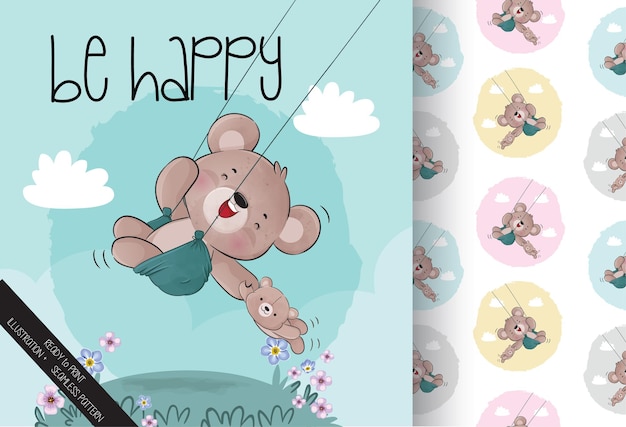 Cute animal baby bear happy on the swing seamless pattern and card