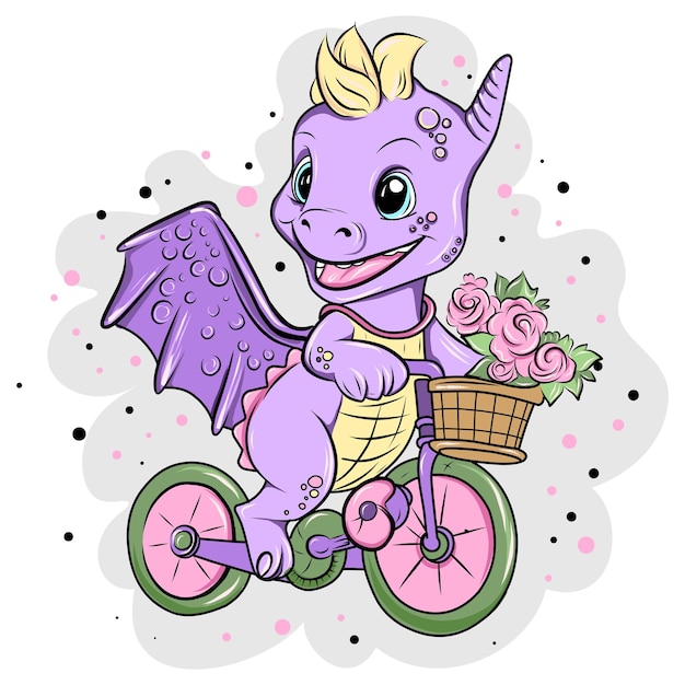Cute animal baby Cute dragon with flowers on a bike