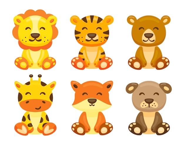 Cute animal baby illustration set vector lion tiger bear giraffe fox dog