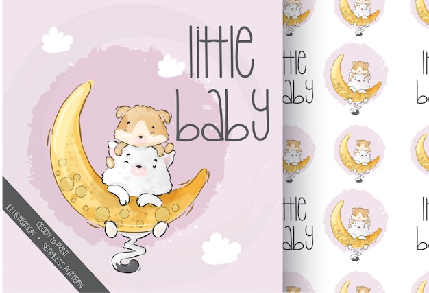 Cute animal baby kitten playing on the moon seamless pattern