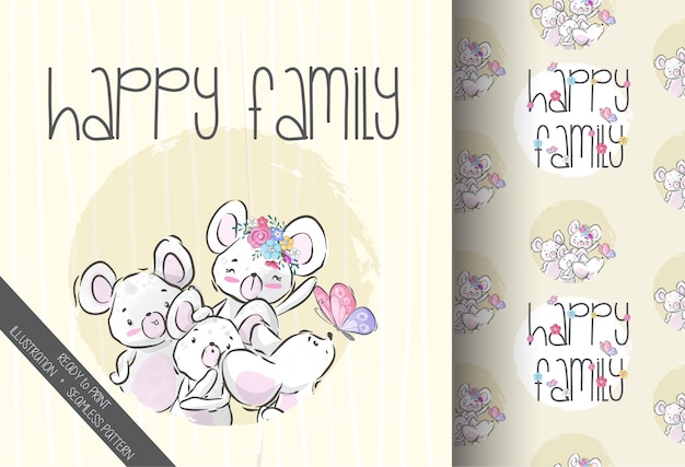 Cute animal baby mouse happy family seamless pattern