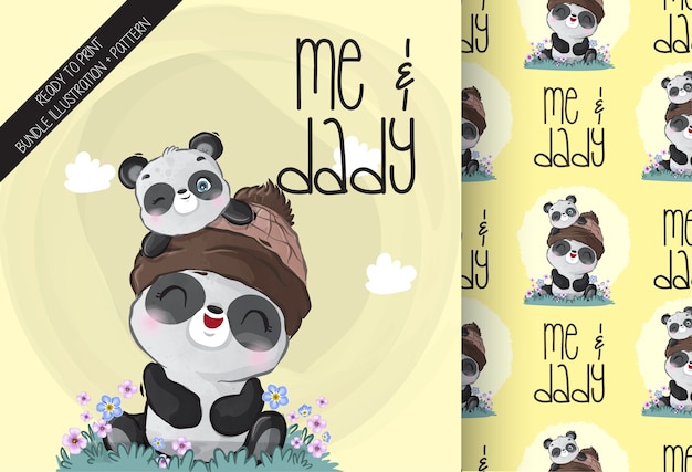 Vector cute animal baby panda with daddy seamless pattern