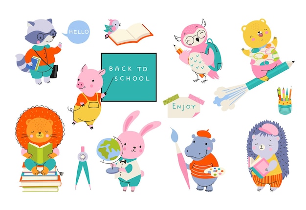 Cute animal back to school to study Smart animals writing reading book and drawing Cartoon pig at blackboard funny students nowaday vector characters hippopotamus and hedgehog