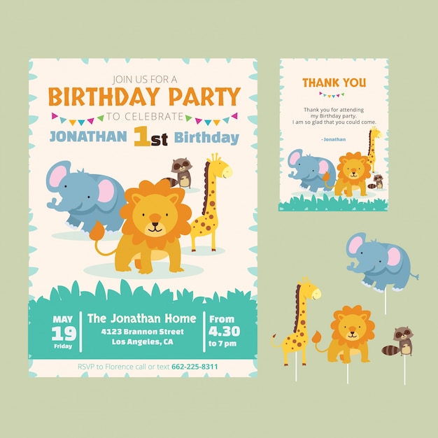 Cute animal birthday theme invitation card