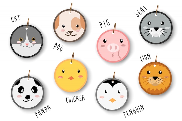 Cute animal cartoon faces circle price tags