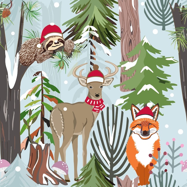 Cute animal cartoon happy on christmas day in the forest