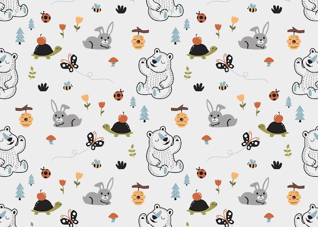 Vector cute animal cartoon pattern with bear turtle bunny and bugs for kids