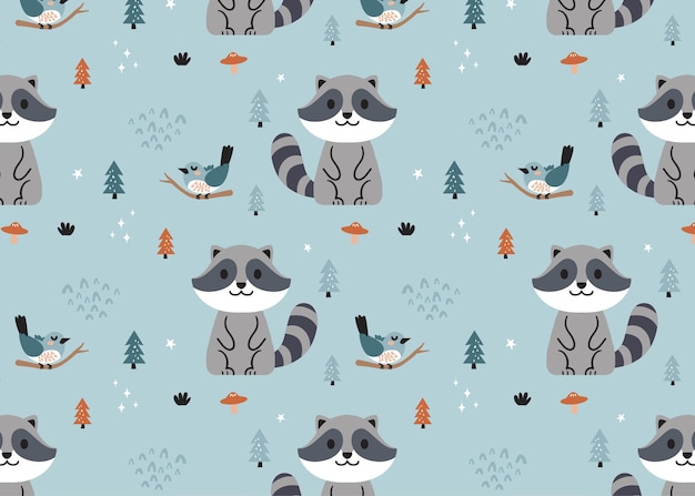 Cute animal cartoon pattern with racoon and bird for kids