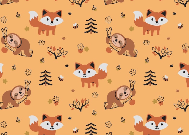 Cute animal cartoon pattern with sloth and fox for kids