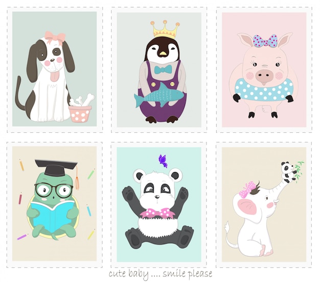 Vector the cute animal cartoon in picture frame