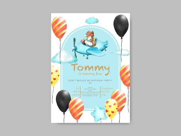 Vector cute animal cartoon watercolor birthday invitation template