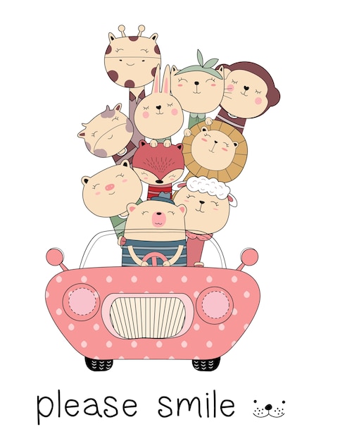 Cute animal cartoon with car hand drawn style