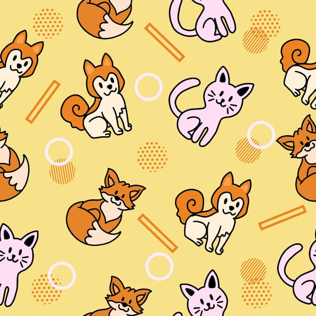 Cute Animal Cat Fox and Dog Seamless Pattern doodle for Kids and baby