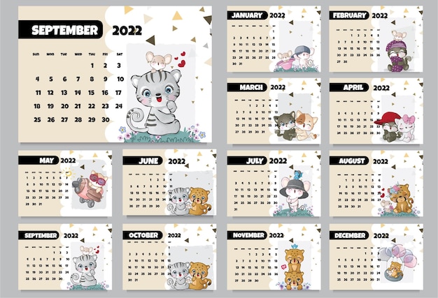 かわいい動物のキャラクター2022年のカレンダーイラストカレンダー2022年