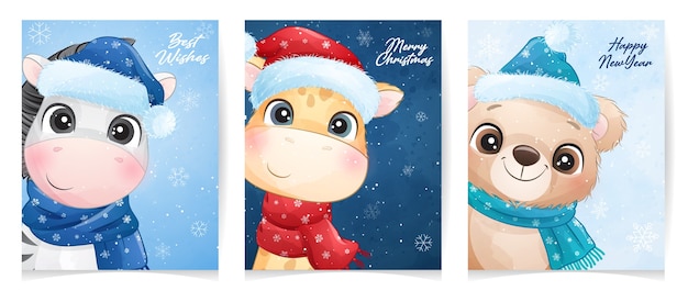 Cute  animal for christmas with watercolor illustration