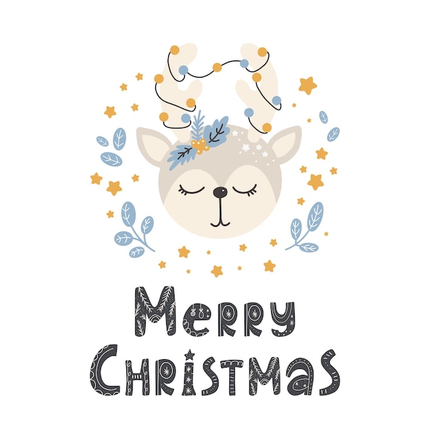 Cute animal deer in scandinavian style with lettering  merry christmas