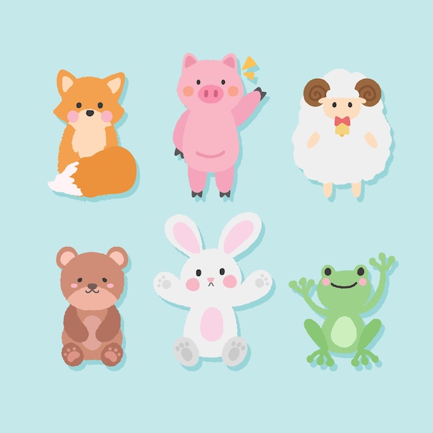벡터 여우, 양, 돼지, 토끼, 곰, 개구리 등의 손으로 그린 삽화가 있는 귀여운 동물 인형