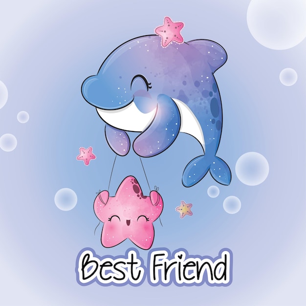 Vector cute animal dolphin with star fish happiness illustrationillustration of background