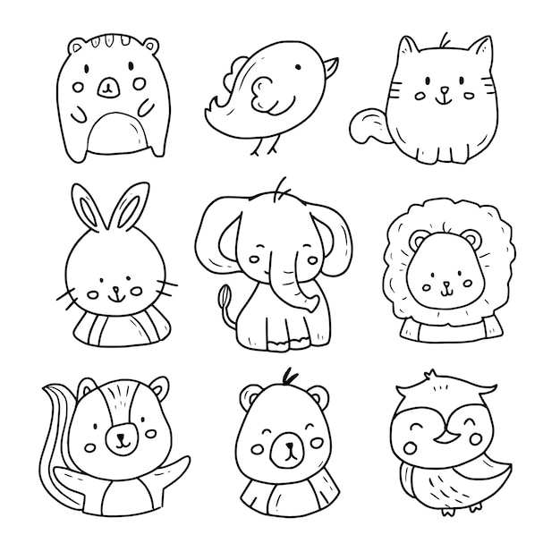Collezione di set disegnati a mano di doodle animale carino