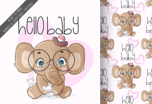 Cute animal elephant with baby mouse seamless pattern